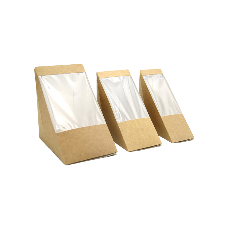 Scatole per sandwich triangolari con finestra Scatole per sandwich in carta kraft Scatole per imballaggio alimentare Scatole da asporto per dessert da forno